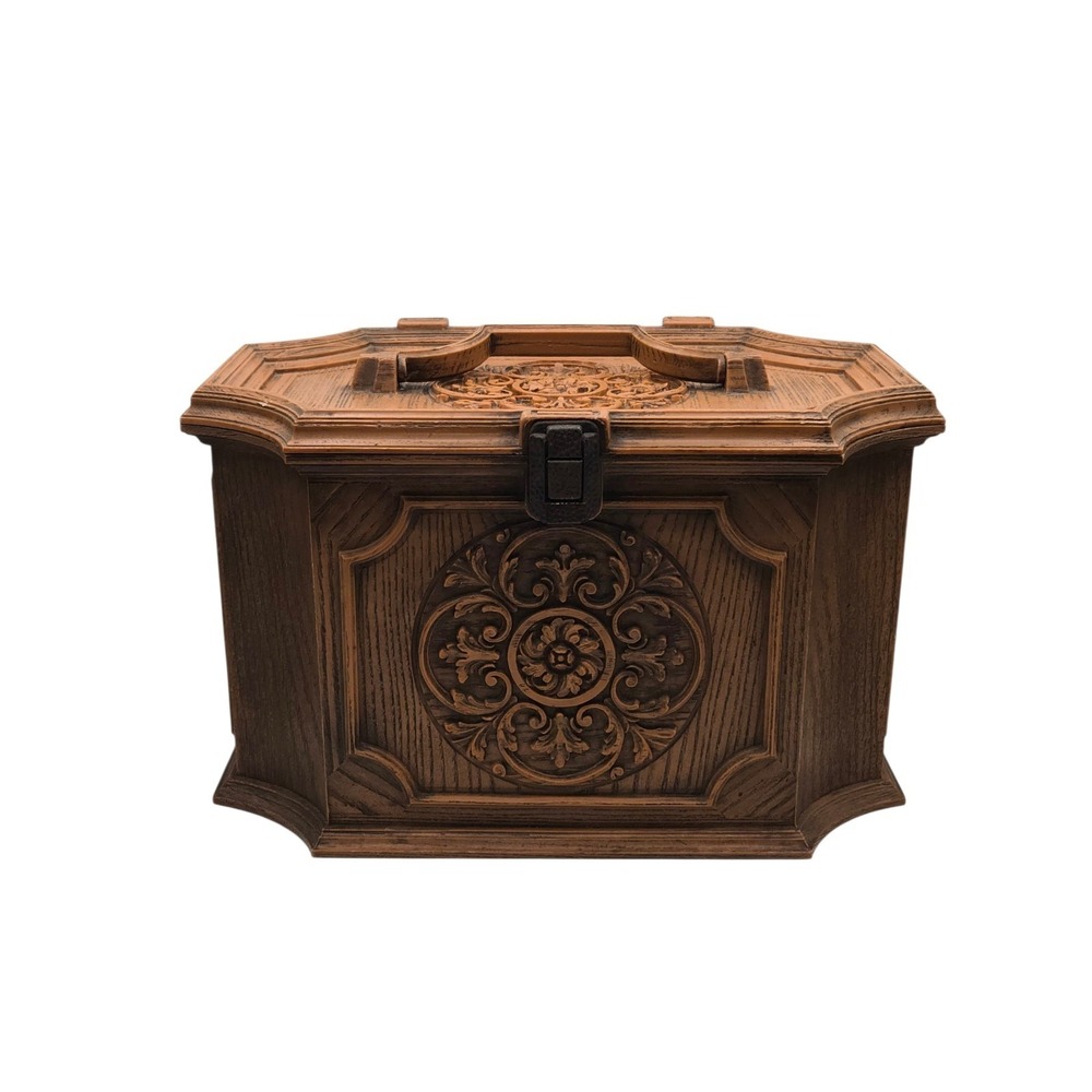 Vintage MCM Max Klein Ornate Faux Wood‎ Plastic Sewing Storage Chest Box 14.5"